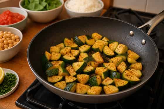 Courgette Chickpea Tomato Rice Bowls with Lemon cooking step 3: Soften the courgette.