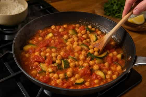 Courgette Chickpea Tomato Rice Bowls with Lemon cooking step 4: Simmer the chickpeas.