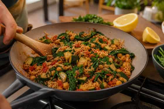 Courgette Chickpea Tomato Rice Bowls with Lemon cooking step 5: Wilt the spinach.