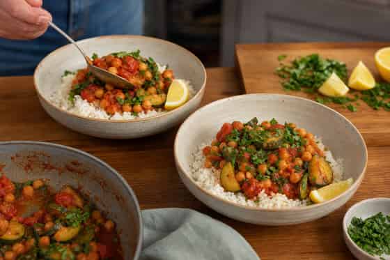 Courgette Chickpea Tomato Rice Bowls with Lemon cooking step 6: Serve the bowls.