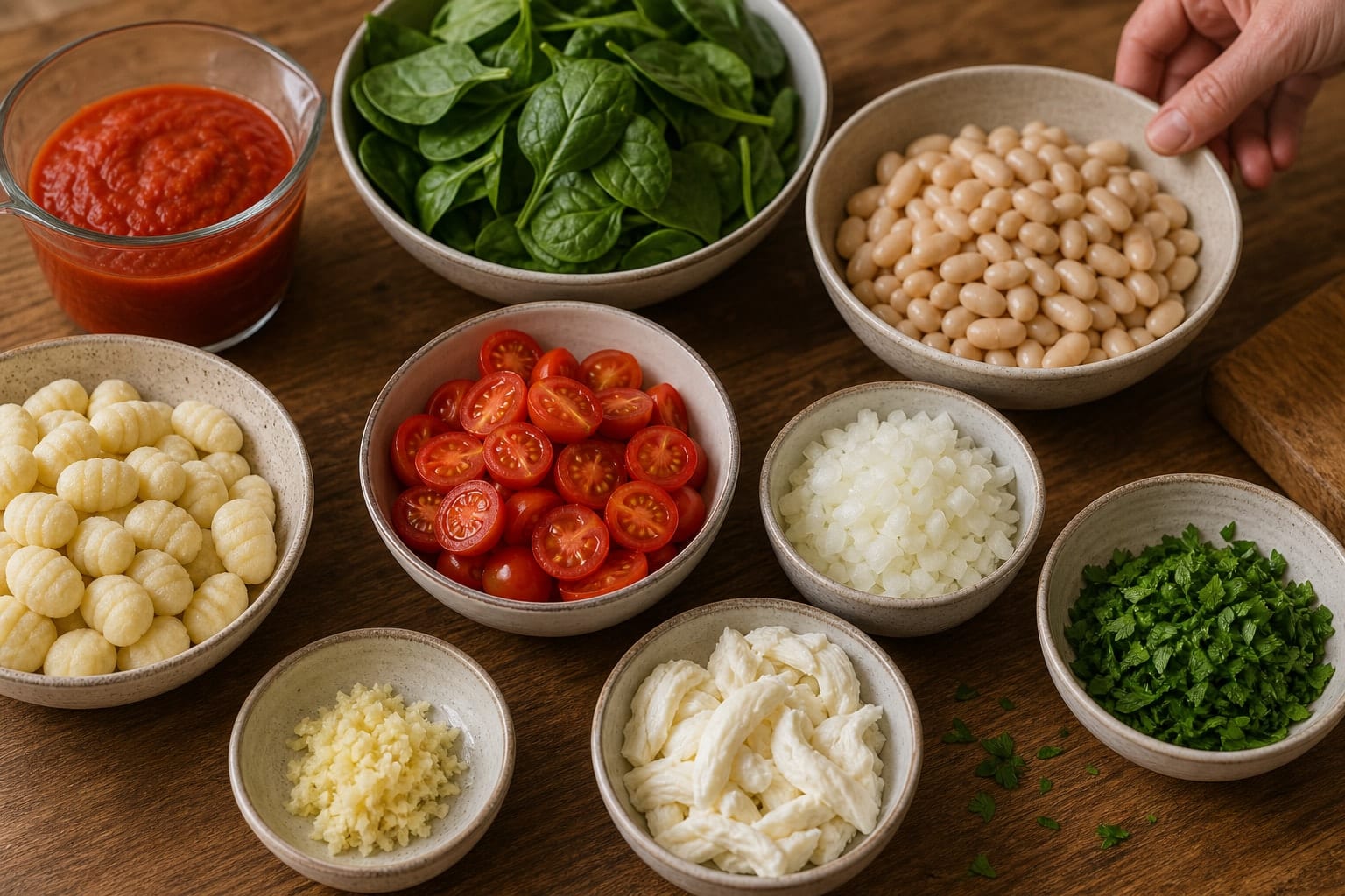 Tomato Cannellini Bean Gnocchi with Spinach cooking step 1: Prepare the pan ingredients.