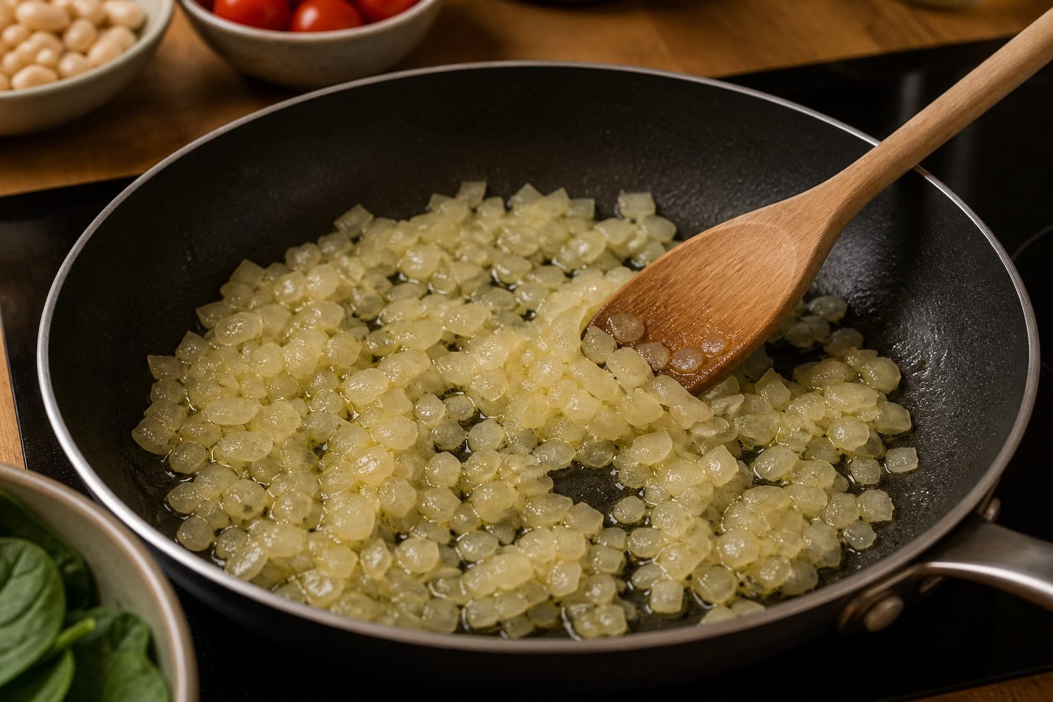 Tomato Cannellini Bean Gnocchi with Spinach cooking step 2: Soften the onion.