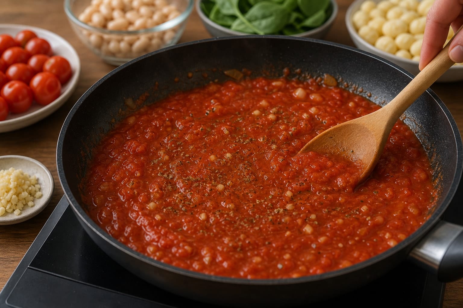 Tomato Cannellini Bean Gnocchi with Spinach cooking step 3: Build the tomato sauce.