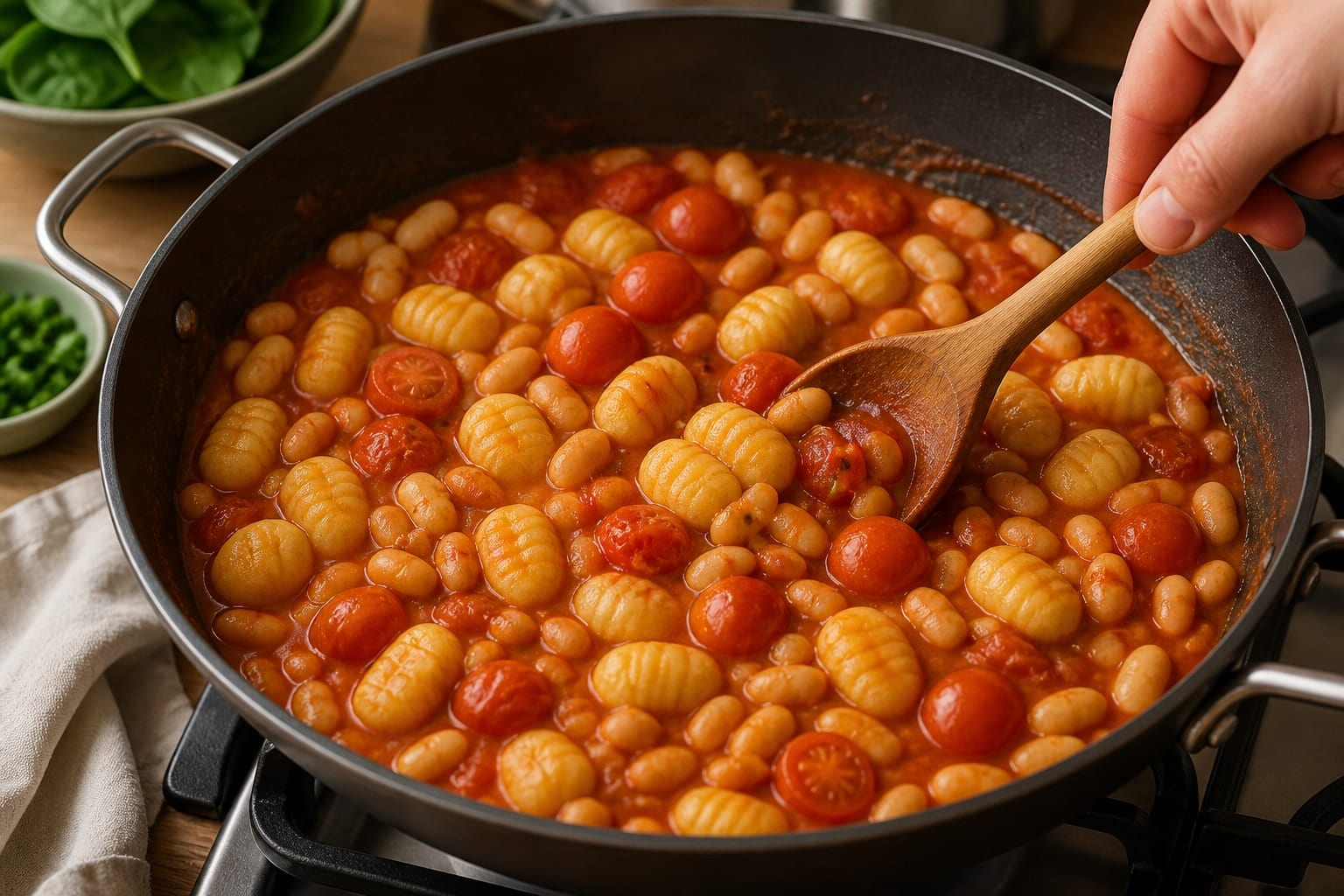 Tomato Cannellini Bean Gnocchi with Spinach cooking step 4: Simmer gnocchi and beans.