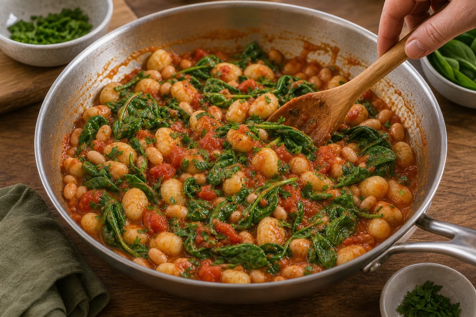 Tomato Cannellini Bean Gnocchi with Spinach cooking step 5: Wilt the spinach.