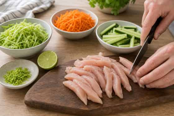 Crunchy Chicken Lime Salad Wraps with Yoghurt cooking step 1: Prepare the chicken and slaw.