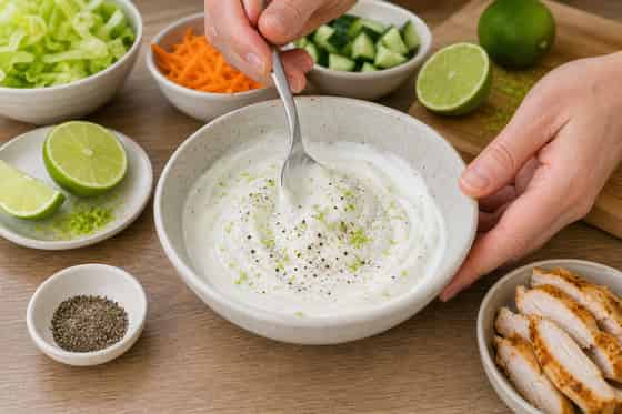 Crunchy Chicken Lime Salad Wraps with Yoghurt cooking step 4: Mix the lime yoghurt.