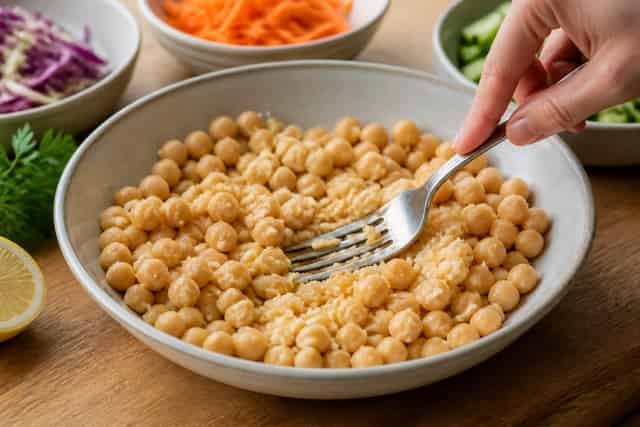 Crunchy Chickpea Slaw Flatbreads with Lemon Parsley cooking step 2: Mash the chickpeas.