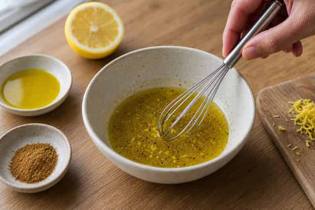 Crunchy Chickpea Slaw Flatbreads with Lemon Parsley cooking step 3: Make the lemon dressing.