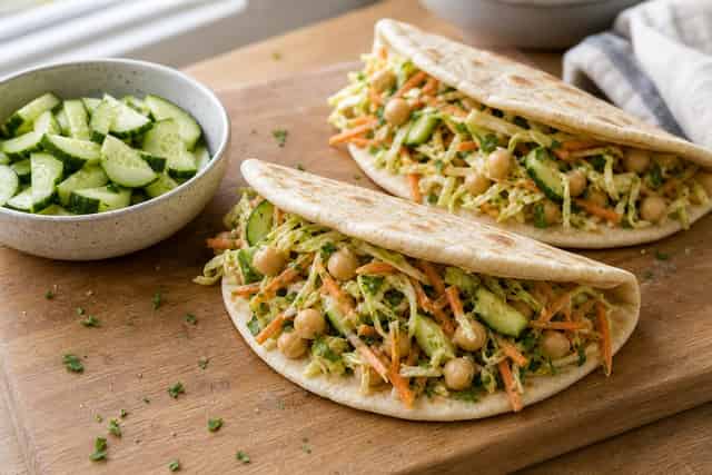 Crunchy Chickpea Slaw Flatbreads with Lemon Parsley cooking step 5: Fill the flatbreads.