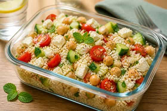 Feta Chickpea Couscous Salad Boxes with Lemon Mint.