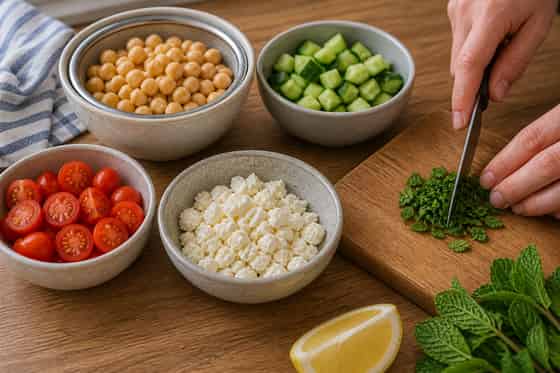 Feta Chickpea Couscous Salad Boxes with Lemon Mint cooking step 2: Prepare the salad.