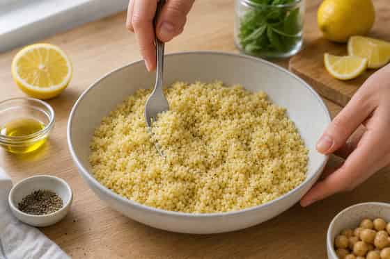 Feta Chickpea Couscous Salad Boxes with Lemon Mint cooking step 3: Fluff and season.