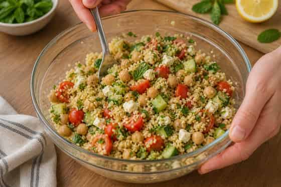Feta Chickpea Couscous Salad Boxes with Lemon Mint cooking step 4: Fold in chickpeas.