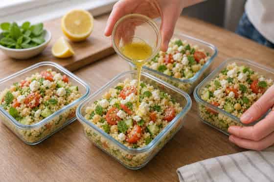 Feta Chickpea Couscous Salad Boxes with Lemon Mint cooking step 5: Dress the boxes.