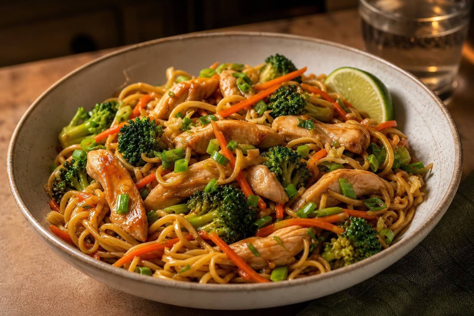 Ginger Chicken Broccoli Egg Noodles with Lime.