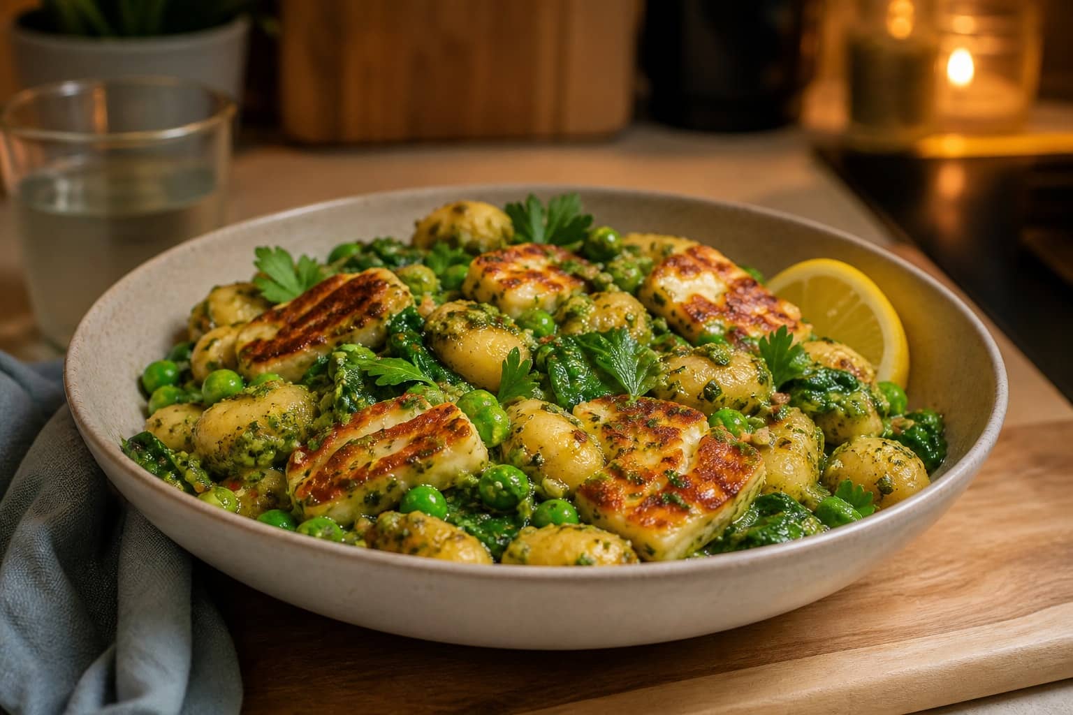 Golden Halloumi Pea Pesto Gnocchi with Lemon.