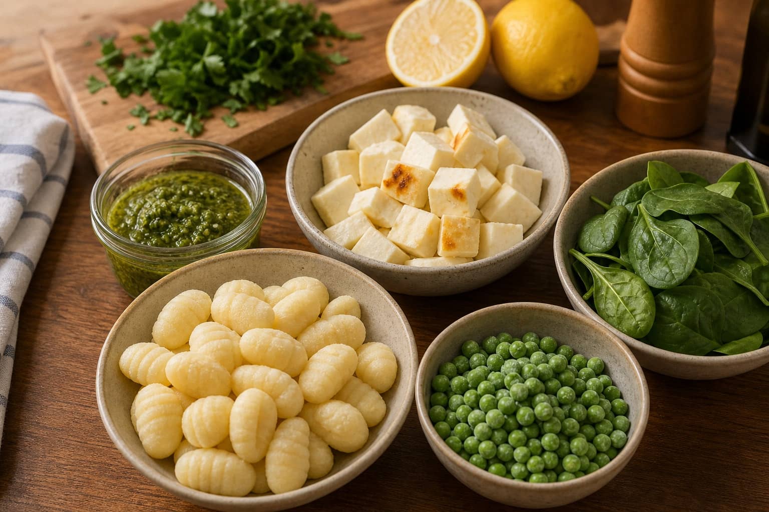 Golden Halloumi Pea Pesto Gnocchi with Lemon cooking step 1: Prepare the add-ins.