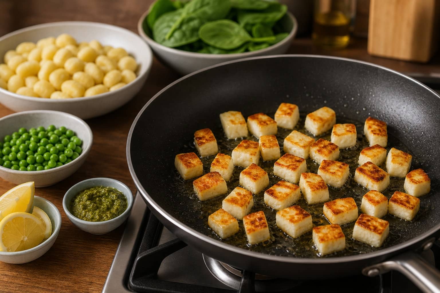 Golden Halloumi Pea Pesto Gnocchi with Lemon cooking step 2: Boil the gnocchi and peas.