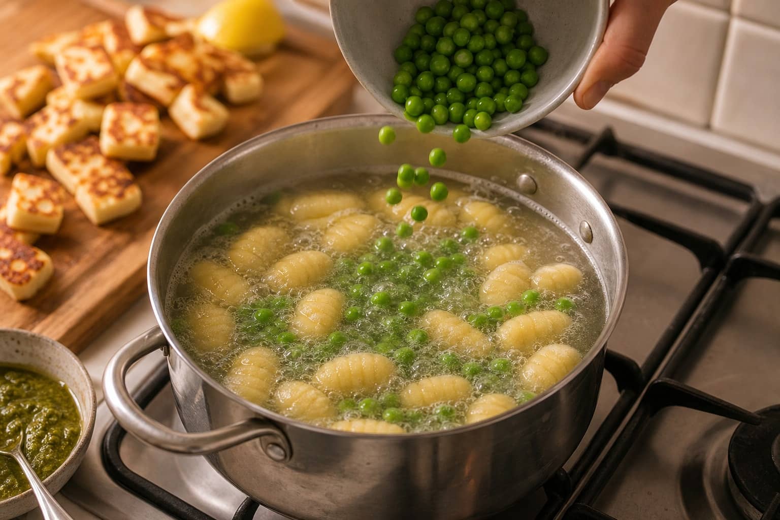 Golden Halloumi Pea Pesto Gnocchi with Lemon cooking step 3: Drain and save water.