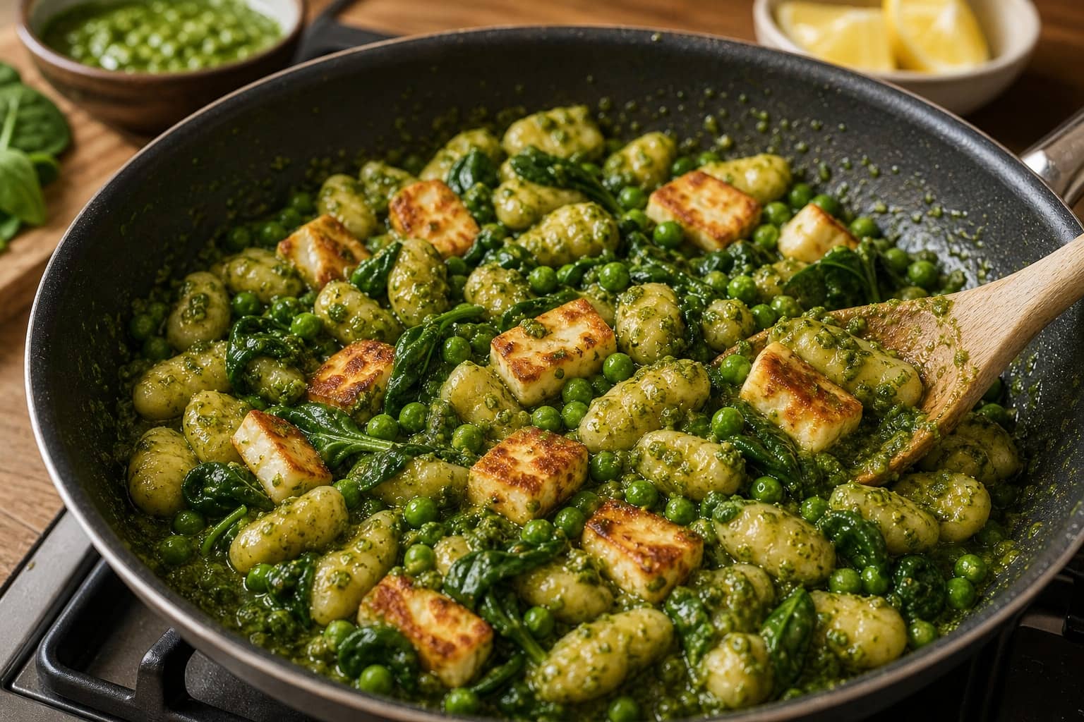 Golden Halloumi Pea Pesto Gnocchi with Lemon cooking step 5: Coat with pesto.