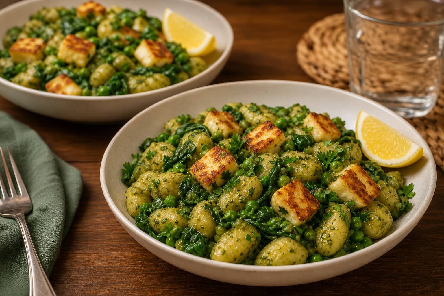 Golden Halloumi Pea Pesto Gnocchi with Lemon cooking step 6: Serve with lemon.