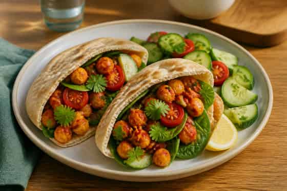 Harissa Chickpea Spinach Pittas with Cucumber.