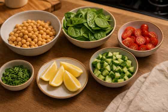 Harissa Chickpea Spinach Pittas with Cucumber cooking step 1: Prepare the filling.