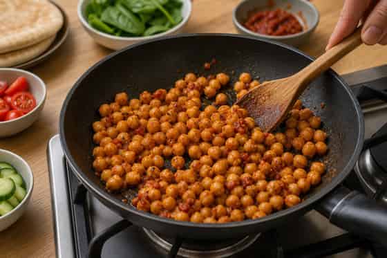 Harissa Chickpea Spinach Pittas with Cucumber cooking step 2: Sizzle the chickpeas.
