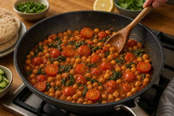 Harissa Chickpea Spinach Pittas with Cucumber cooking step 3: Add tomatoes.