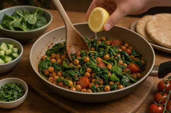 Harissa Chickpea Spinach Pittas with Cucumber cooking step 4: Wilt the spinach.