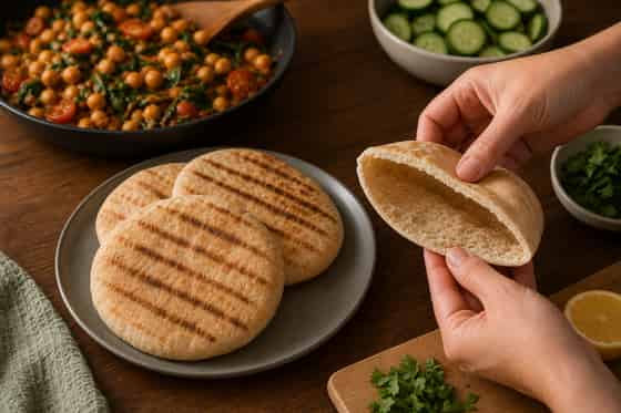 Harissa Chickpea Spinach Pittas with Cucumber cooking step 5: Warm the pittas.