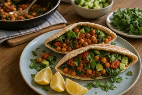 Harissa Chickpea Spinach Pittas with Cucumber cooking step 6: Fill and serve.