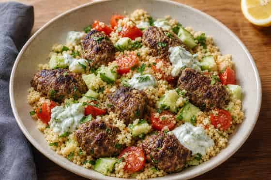 Lamb Kofta Couscous Plates with Cucumber Yoghurt.