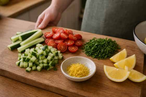 Lamb Kofta Couscous Plates with Cucumber Yoghurt cooking step 1: Prepare the fresh bits.