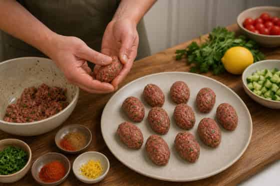 Lamb Kofta Couscous Plates with Cucumber Yoghurt cooking step 2: Shape the koftas.