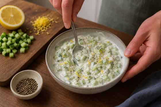 Lamb Kofta Couscous Plates with Cucumber Yoghurt cooking step 5: Stir the cucumber yoghurt.