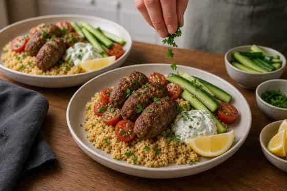 Lamb Kofta Couscous Plates with Cucumber Yoghurt cooking step 6: Build the plates.