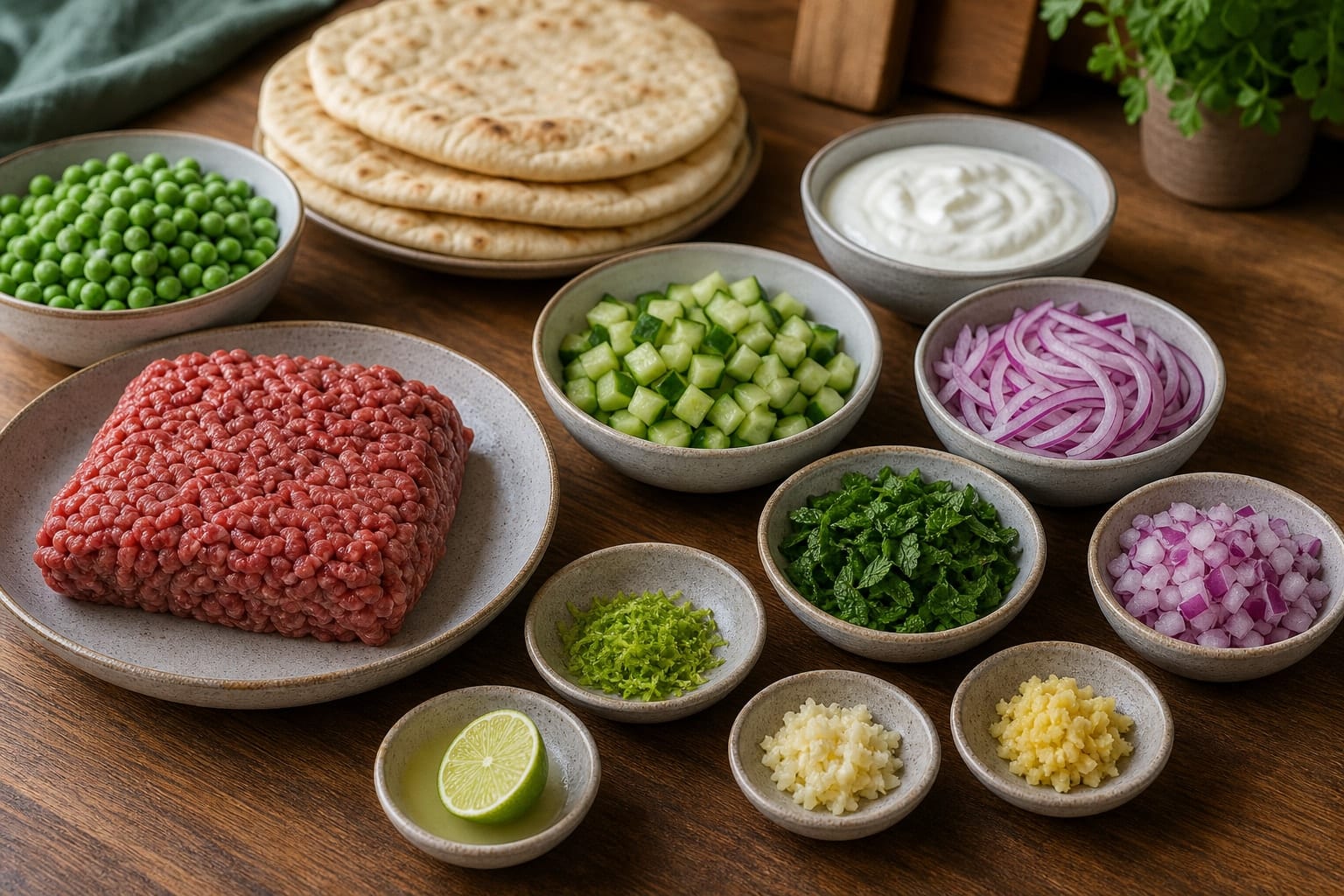 Lamb Pea Keema Flatbreads with Cucumber Yoghurt cooking step 1: Prepare the toppings.