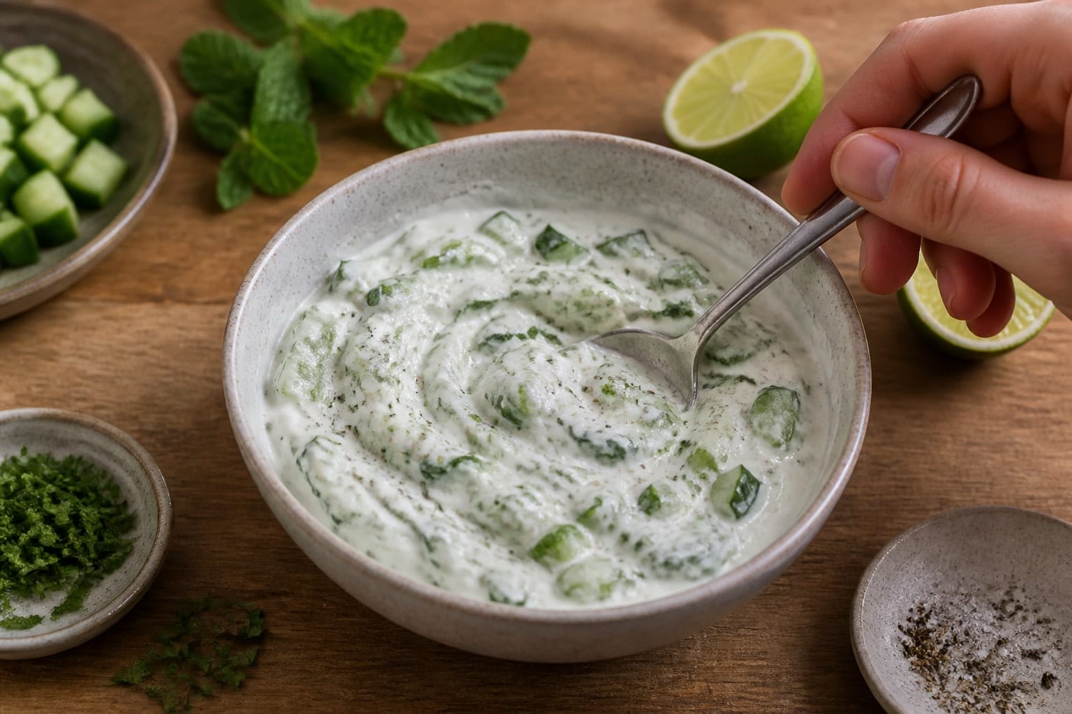 Lamb Pea Keema Flatbreads with Cucumber Yoghurt cooking step 2: Mix the cucumber yoghurt.