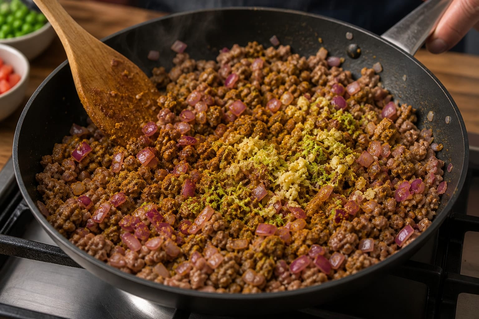 Lamb Pea Keema Flatbreads with Cucumber Yoghurt cooking step 4: Build the spice base.
