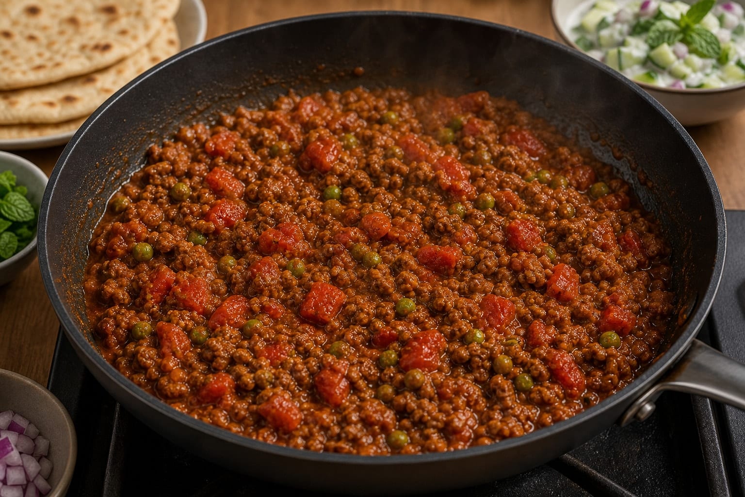 Lamb Pea Keema Flatbreads with Cucumber Yoghurt cooking step 5: Simmer the keema.