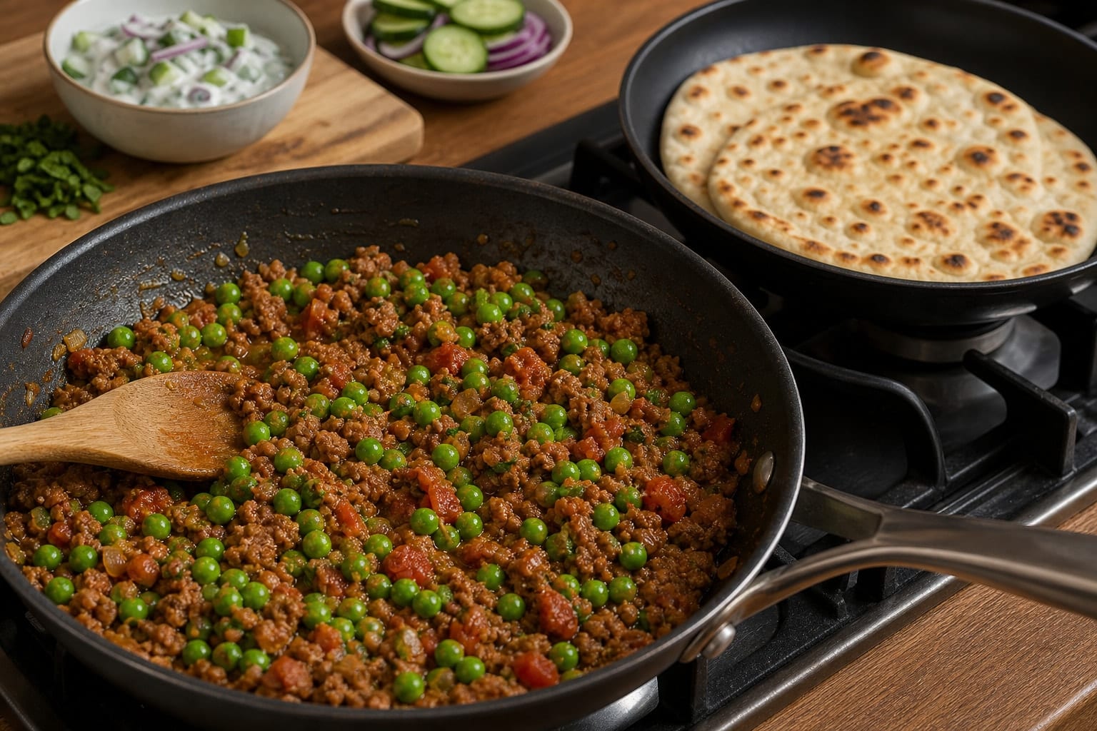 Lamb Pea Keema Flatbreads with Cucumber Yoghurt cooking step 6: Add peas and warm bread.