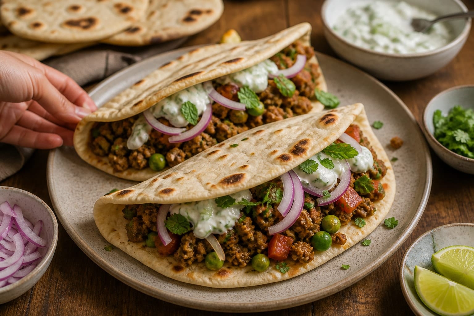 Lamb Pea Keema Flatbreads with Cucumber Yoghurt cooking step 7: Assemble the flatbreads.