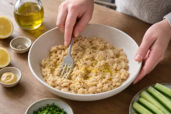 Lemon Butter Bean Cucumber Wraps with Parsley cooking step 2: Mash the beans.