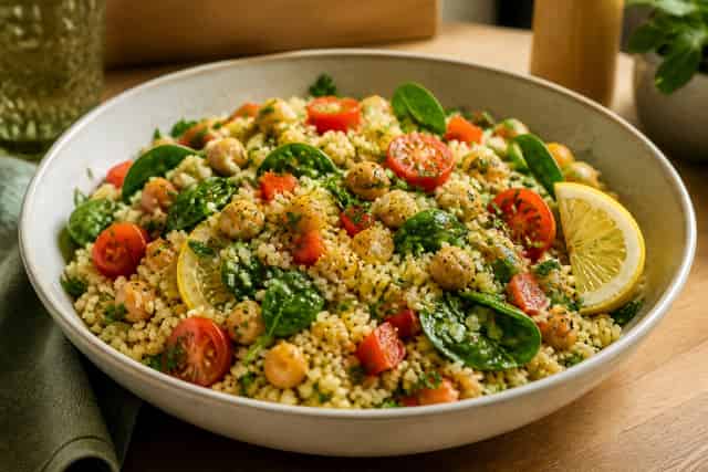 Lemon Chickpea Spinach Couscous Bowls with Parsley.