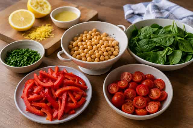 Lemon Chickpea Spinach Couscous Bowls with Parsley cooking step 1: Prepare the vegetables.
