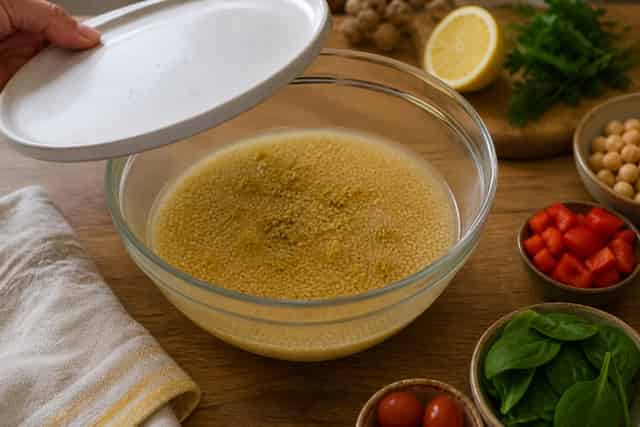 Lemon Chickpea Spinach Couscous Bowls with Parsley cooking step 2: Soak the couscous.