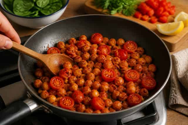 Lemon Chickpea Spinach Couscous Bowls with Parsley cooking step 4: Spice the chickpeas.