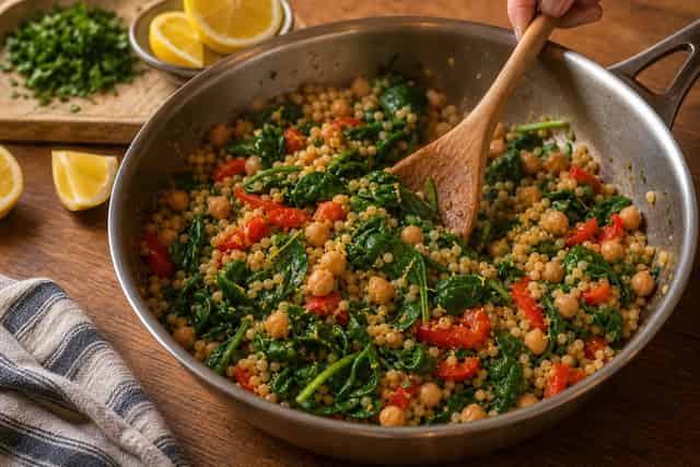 Lemon Chickpea Spinach Couscous Bowls with Parsley cooking step 5: Wilt the spinach.